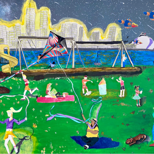 The background of the painting displays various tall buildings forming a city skyline. The buildings are trimmed in a golden glow with the night sky and shooting stars behind it. Below this is a body of water that resembles a river in a vibrant hue of blue. On the far right of the painting, above the water are two blue and orange rocket ship/robots with flames jutting out. Next to this, perched on the edge of the river is a red, steeple church with arched stained-glass windows. Below the river, dominating two thirds of the painting is a large bright green, grassy lawn featuring many scenes of activity and life, including the following: a male and female in shorts and t shirts, sitting on a bench looking at their smartphones; a tall woman a big blond ponytail jumping rope; a young boy chasing the tail of a rainbow colored kite; a young couple reclining having a picnic on a blanket; children swinging on a swing set, two friends throwing masks into a burning trash barrel, a young girl with a remote control with another of the rocket ship/robots above her head, and a large chocolate brown dog lazing on the grass seemingly asleep, it’s owner, a young boy with a backwards red cap and a striped blue and green shirt standing nearby.
