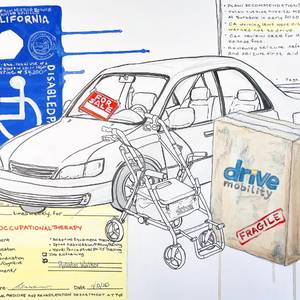This artwork features a collage of drawn and painted images. Center of the image is the black and white outline of small sedan vehicle . There is a vibrant red and white “For Sale” sign in the front windshield. In the upper left corner of the image is a blue car placard for disabled parking in the state of California. The bottom left of the image features a pale-yellow prescription pad note, wherein the words “Occupational Therapy” in red lettering can be seen. To the right of the prescription note is a black and white line drawing of a walker with the fold down seat. Next to the walker in a larger scale is a book with the words “Drive Mobility” and stamped “Fragile” in red lettering. The upper right-hand corner of the image shows a glimpse of a set of handwritten notes. Highlighted in yellow is the line “CA driving laws were discussed-warned not to drive.”
