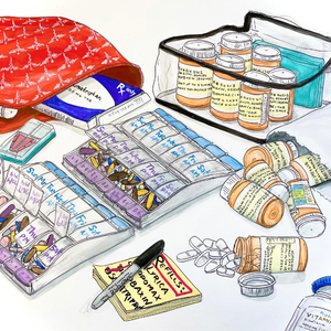 The artwork depicts various displays of medications—dark orange pill bottles with labels neatly lined up in a clear plastic storage bag with other pill bottles spilling out in front of it. Center of the image is a set of two weekly pill sorters filled to the brim with various colored and shaped pills. In the upper left corner a red, zippered bag is opened with more medications in boxes peaking out. The red bag is covered in small white caduceus symbols (the medical symbol).